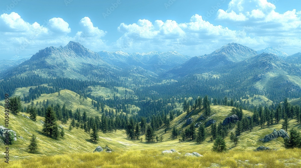 Fototapeta premium A scenic mountain valley with lush green grass and trees under a bright blue sky with white clouds.