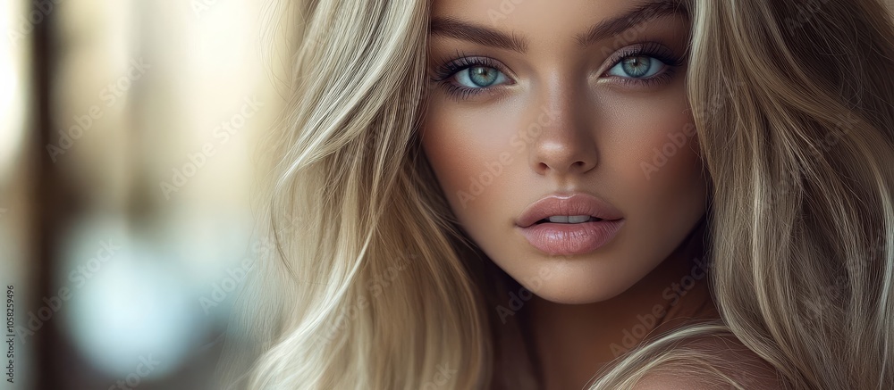 A close-up portrait of a woman with long, flowing blonde hair. A close-up portrait of a woman with long, flowing blonde hair.