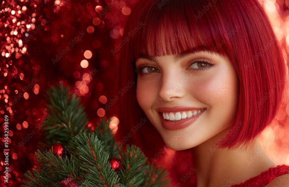 A Beautiful Woman in a Red Wig with Christmas Tree A Beautiful Woman in a Red Wig with Christmas Tree