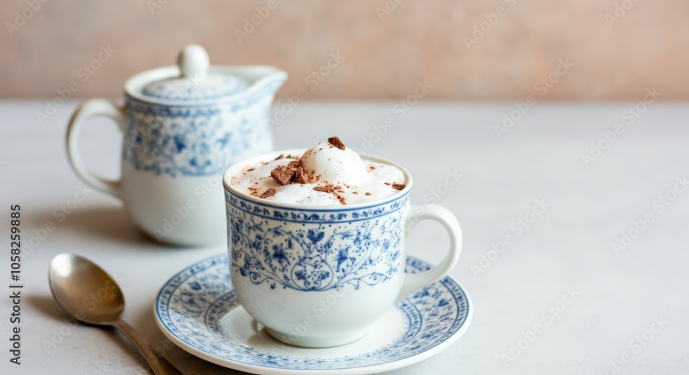Close-up of a White Cup with Blue Floral Design, Filled with Foamy Coffee and Chocolate Pieces, on a White Saucer and a White Table with a Silver Spoon Beside It Close-up of a White Cup with Blue Floral Design, Filled with Foamy Coffee and Chocolate Pieces, on a White Saucer and a White Table with a Silver Spoon Beside It