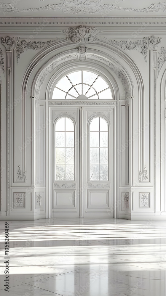 Elegant White Room Illustration with Arched Double Doors Elegant White Room Illustration with Arched Double Doors