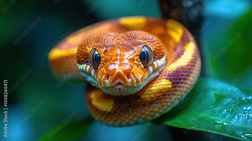A close-up of a vibrant, orange and yellow snake on a leaf. A close-up of a vibrant, orange and yellow snake on a leaf.