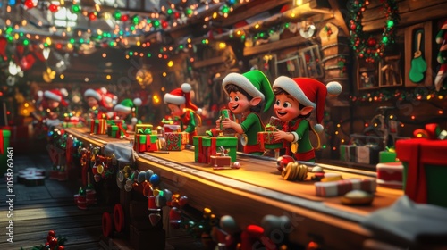 Wallpaper Mural A 3D cartoon scene of a group of elves wrapping presents on a long workbench, with colorful Torontodigital.ca