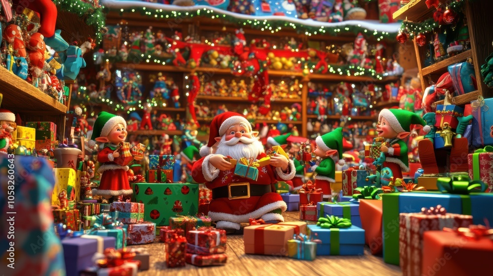 A 3D cartoon scene of cheerful elves wrapping gifts in Santa's bustling workshop, surrounded A 3D cartoon scene of cheerful elves wrapping gifts in Santa's bustling workshop, surrounded