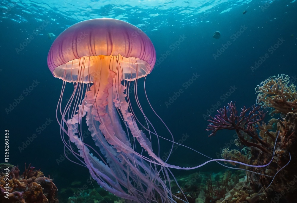 Enchanted Jellyfish: A Mesmerizing Voyage through a Bioluminescent Underwater Garden. Ai generated image. Enchanted Jellyfish: A Mesmerizing Voyage through a Bioluminescent Underwater Garden. Ai generated image.