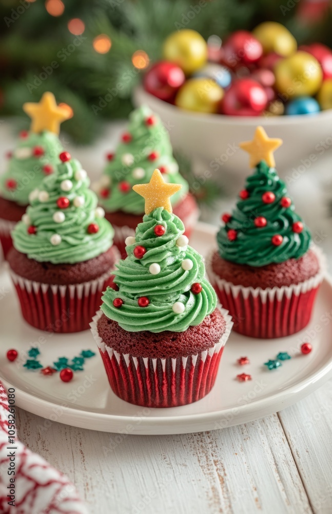Festive Christmas Tree Cupcakes on White Plate with Holiday Decorations Festive Christmas Tree Cupcakes on White Plate with Holiday Decorations