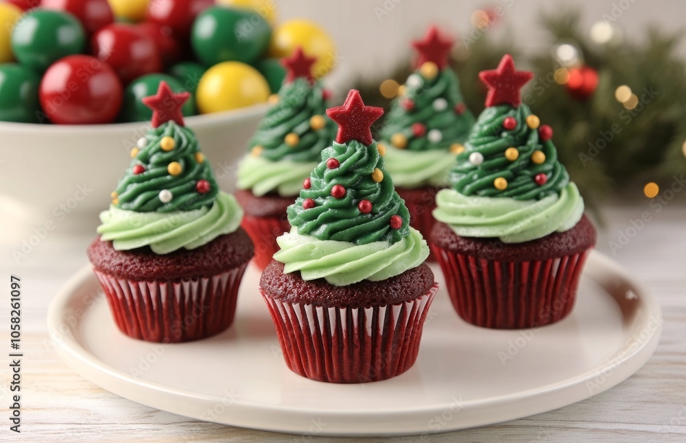 Festive Christmas Tree Cupcakes on White Plate with Holiday Decorations Festive Christmas Tree Cupcakes on White Plate with Holiday Decorations