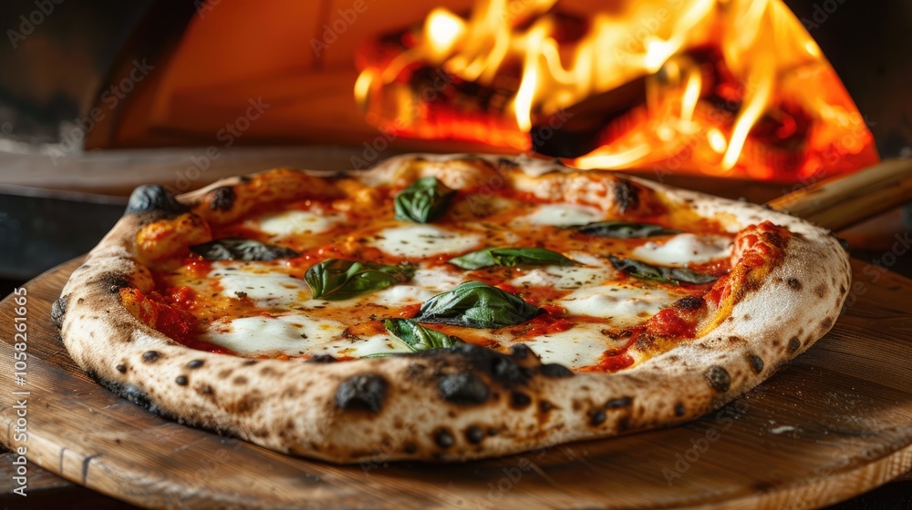Freshly baked Neapolitan Margherita Pizza served from wood-fired oven.