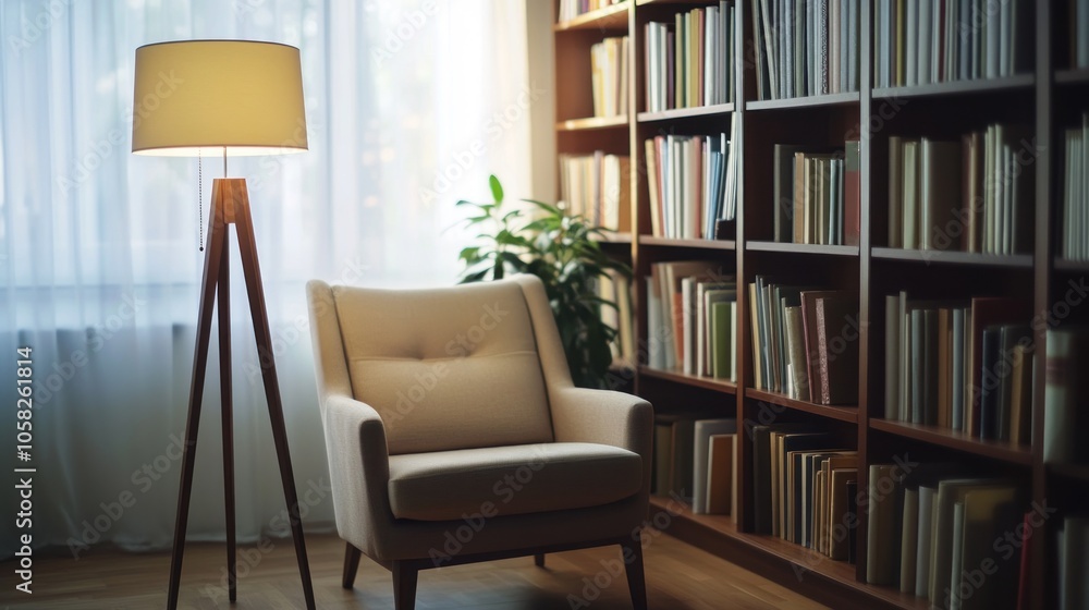 Cozy Reading Nook with Floor Lamp and Bookshelves Cozy Reading Nook with Floor Lamp and Bookshelves