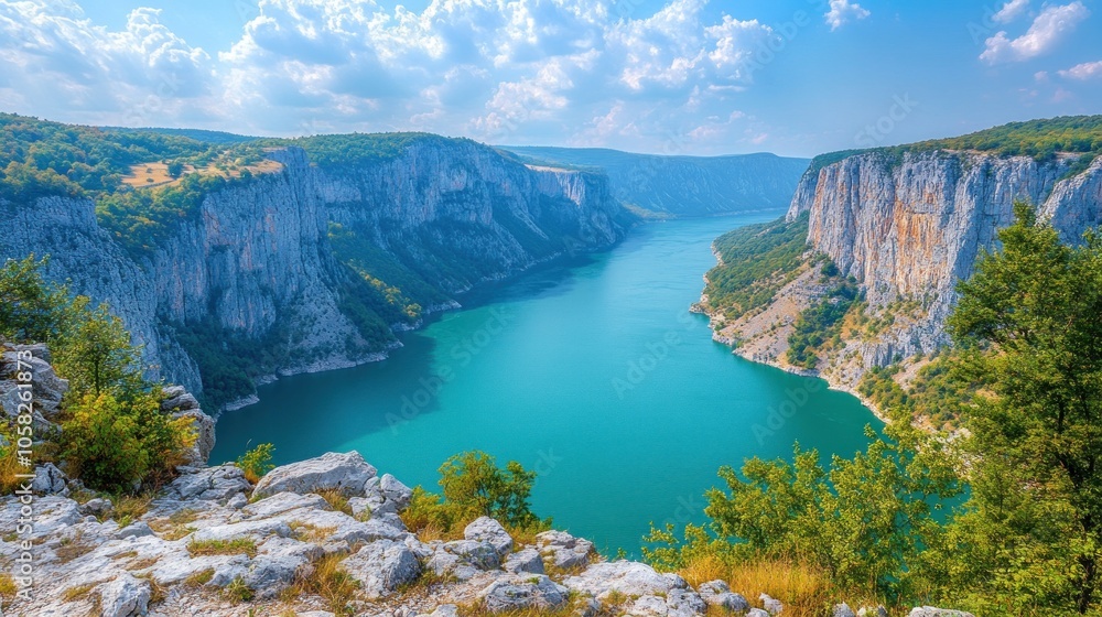 A scenic view of a river winding through a canyon. A scenic view of a river winding through a canyon.