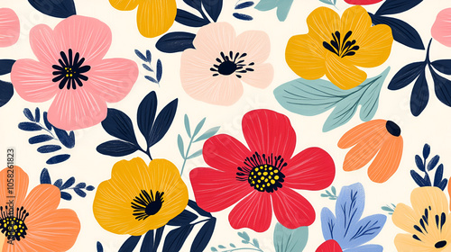 A bright and lively floral composition featuring bold colors and organic shapes, creating a playful and cheerful pattern.