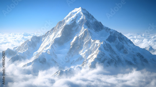 Majestic Snow-Covered Mountain Peak Rising Above the Clouds with Clear Blue Sky and Sunlit Slopes 