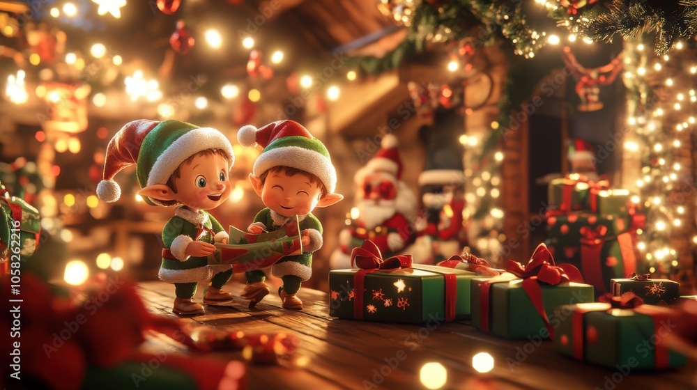 A 3D scene of elves in Santa's workshop wrapping gifts, with a large conveyor belt A 3D scene of elves in Santa's workshop wrapping gifts, with a large conveyor belt