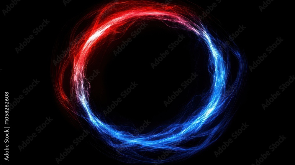 A circular design with swirling red and blue light effects on a black background. A circular design with swirling red and blue light effects on a black background.