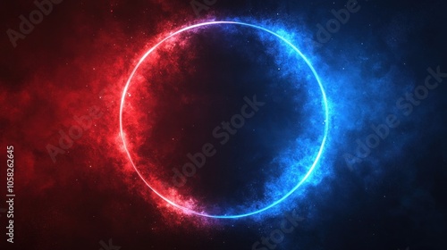 A circular cosmic design featuring contrasting red and blue hues in a dark background.