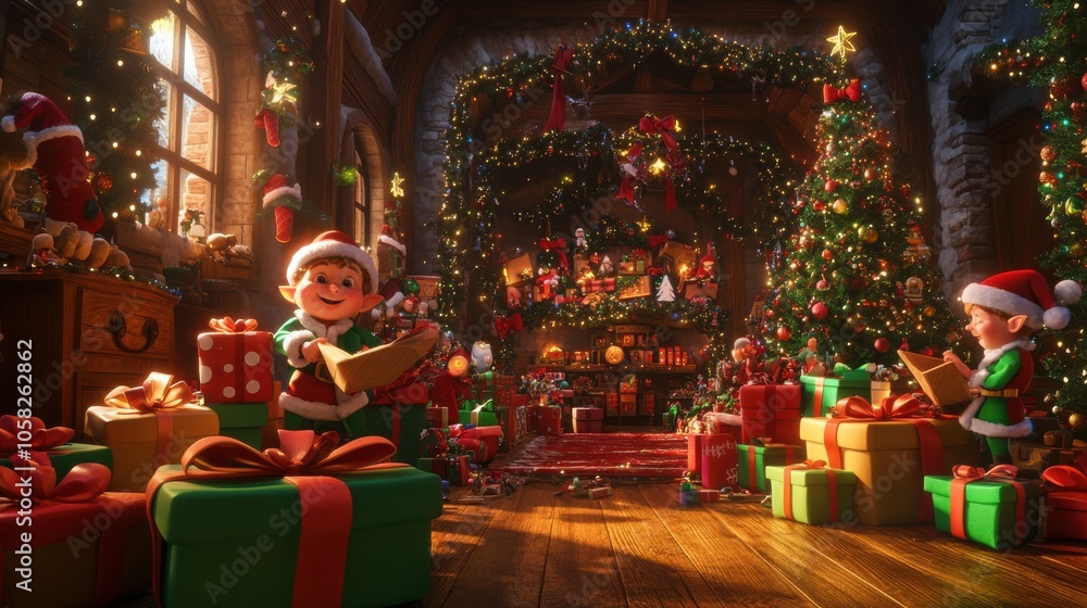 A 3D view of elves happily wrapping presents, with festive decorations, toys, and warm lighting A 3D view of elves happily wrapping presents, with festive decorations, toys, and warm lighting