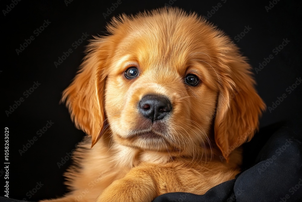 Mystic portrait of baby Golden Retriever in studio, copy space on right side, Headshot, Close-up View, isolated on black background Mystic portrait of baby Golden Retriever in studio, copy space on right side, Headshot, Close-up View, isolated on black background