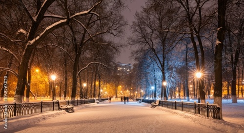 Snowy Park Pathway at Night