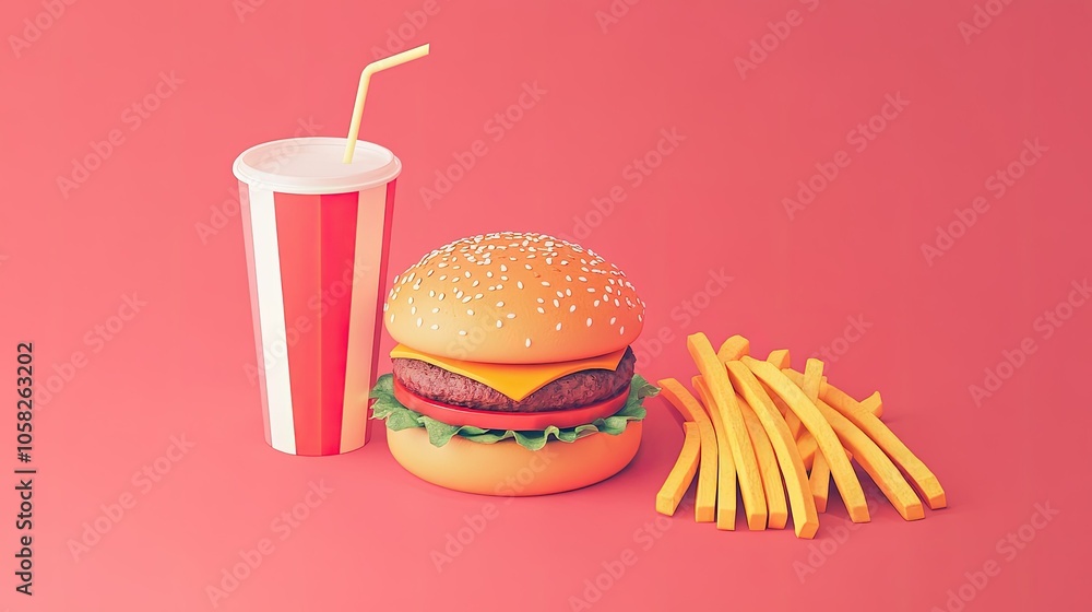 Fast food combo featuring a juicy burger, fries, and soda in a bright, colorful arrangement. Appetizing and bold. Fast food combo featuring a juicy burger, fries, and soda in a bright, colorful arrangement. Appetizing and bold.