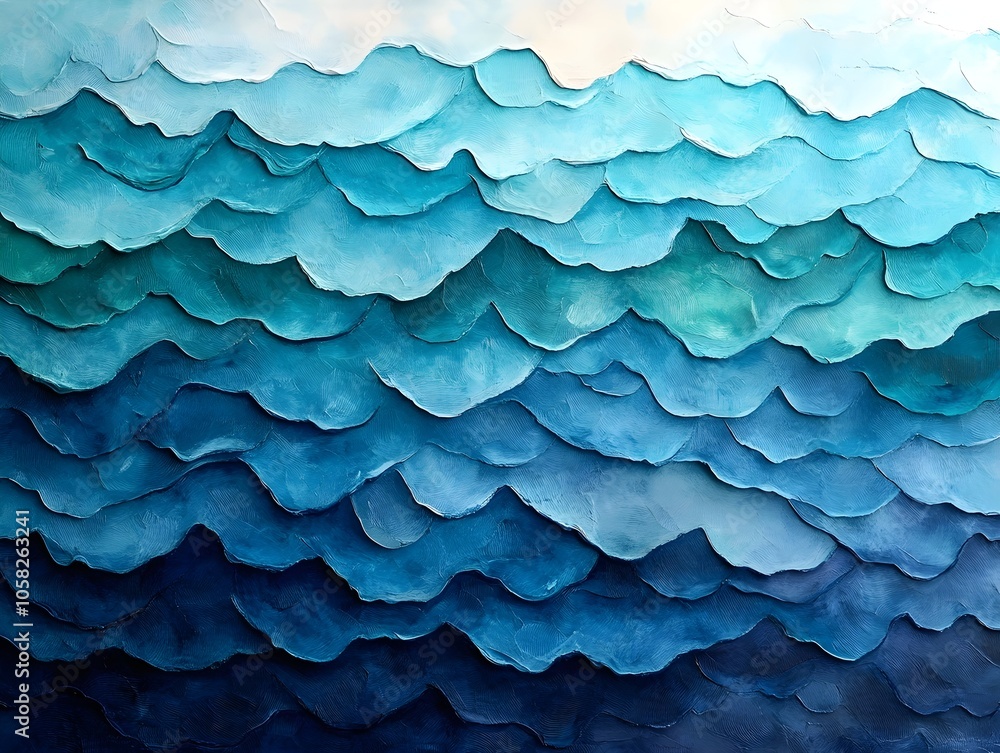 An abstract painting featuring layered waves in shades of blue and turquoise, creating a calming oceanic effect. The textured waves convey depth and movement. An abstract painting featuring layered waves in shades of blue and turquoise, creating a calming oceanic effect. The textured waves convey depth and movement.