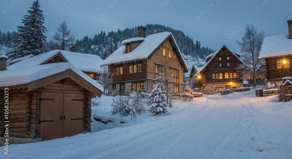Snowy Winter Village with Illuminated Windows Snowy Winter Village with Illuminated Windows