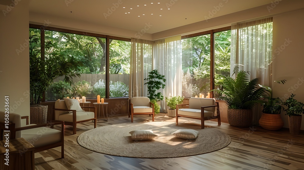 Fototapeta premium A serene, sunlit room featuring large windows, cozy seating, and lush greenery, creating a tranquil and inviting atmosphere.