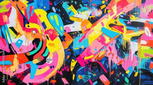 A bold mix of neon colors in a graffiti-style artwork, full of energy and movement