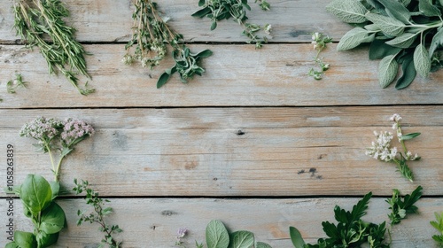 A botanical flat lay featuring an assortment of herbs and leaves, arranged on a wooden table