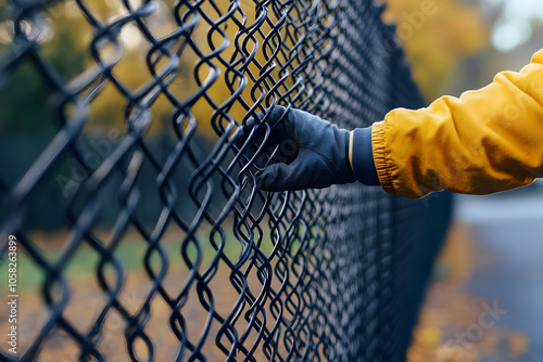 Hand in Glove Gripping Chain Link Fence - Photo photo