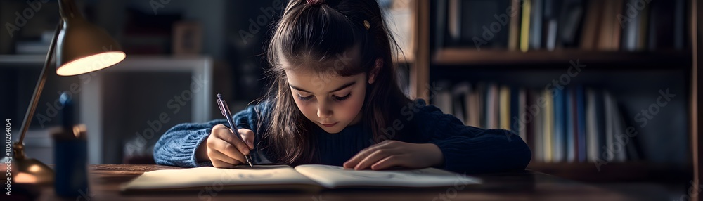 A focused girl writing in a notebook at a desk, illuminated by a warm desk lamp in a cozy study environment. A focused girl writing in a notebook at a desk, illuminated by a warm desk lamp in a cozy study environment.