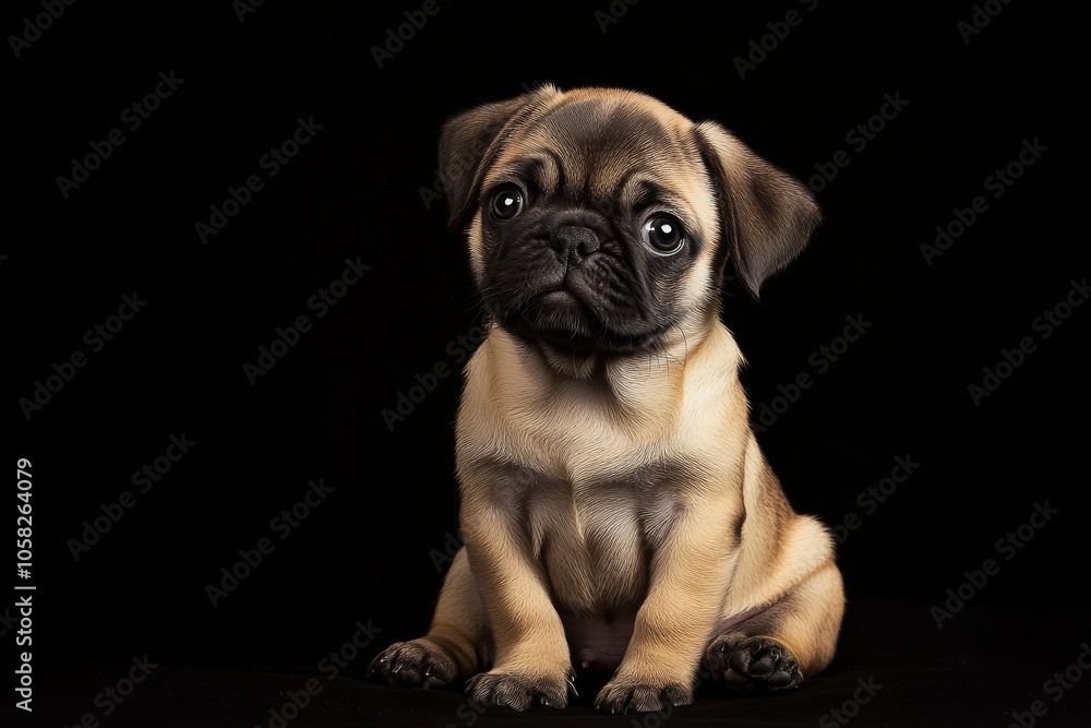 Mystic portrait of baby Pug in studio, copy space on right side, Headshot, Close-up View, isolated on black background Mystic portrait of baby Pug in studio, copy space on right side, Headshot, Close-up View, isolated on black background