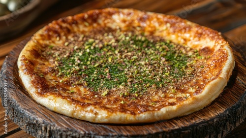 Golden brown Turkish knefe topped with a thick layer of finely chopped pistachios, placed on a rustic wooden table. photo