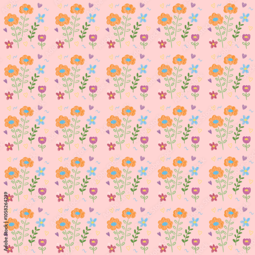 seamless floral pattern with red flower, orange flower, blue flower,leaf and pink background seamless floral pattern with red flower, orange flower, blue flower,leaf and pink background