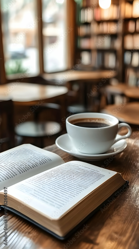 Photo: Coffee Break with Open Book in Cozy Cafe Photo: Coffee Break with Open Book in Cozy Cafe