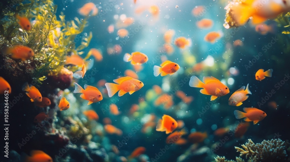 Naklejka premium A school of orange fish swim through a coral reef.