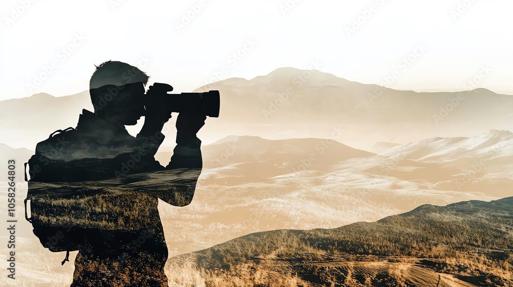 Silhouette of photographer in mountainous landscape. Silhouette of photographer in mountainous landscape.