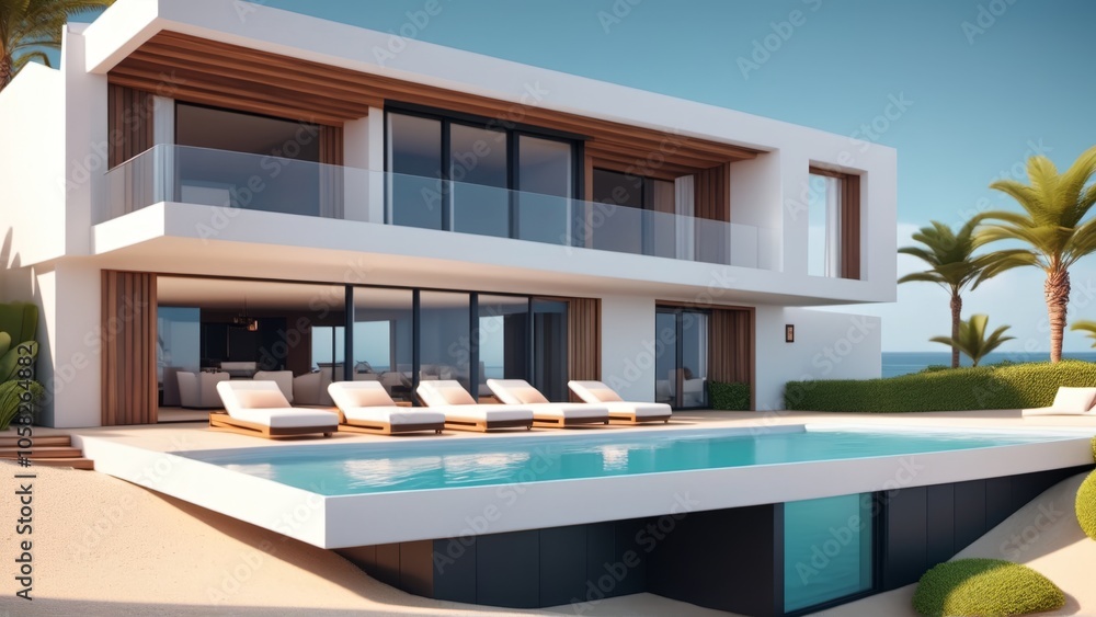 Modern luxury villa with pool and ocean view in tropical setting Modern luxury villa with pool and ocean view in tropical setting