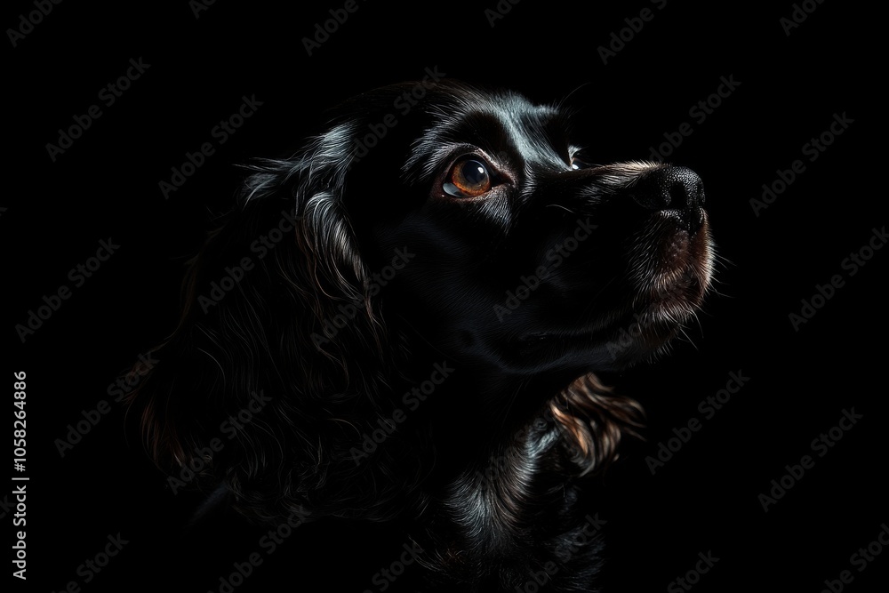Mystic portrait of baby Cocker Spaniel in studio, copy space on right side, Headshot, Close-up View, isolated on black background Mystic portrait of baby Cocker Spaniel in studio, copy space on right side, Headshot, Close-up View, isolated on black background