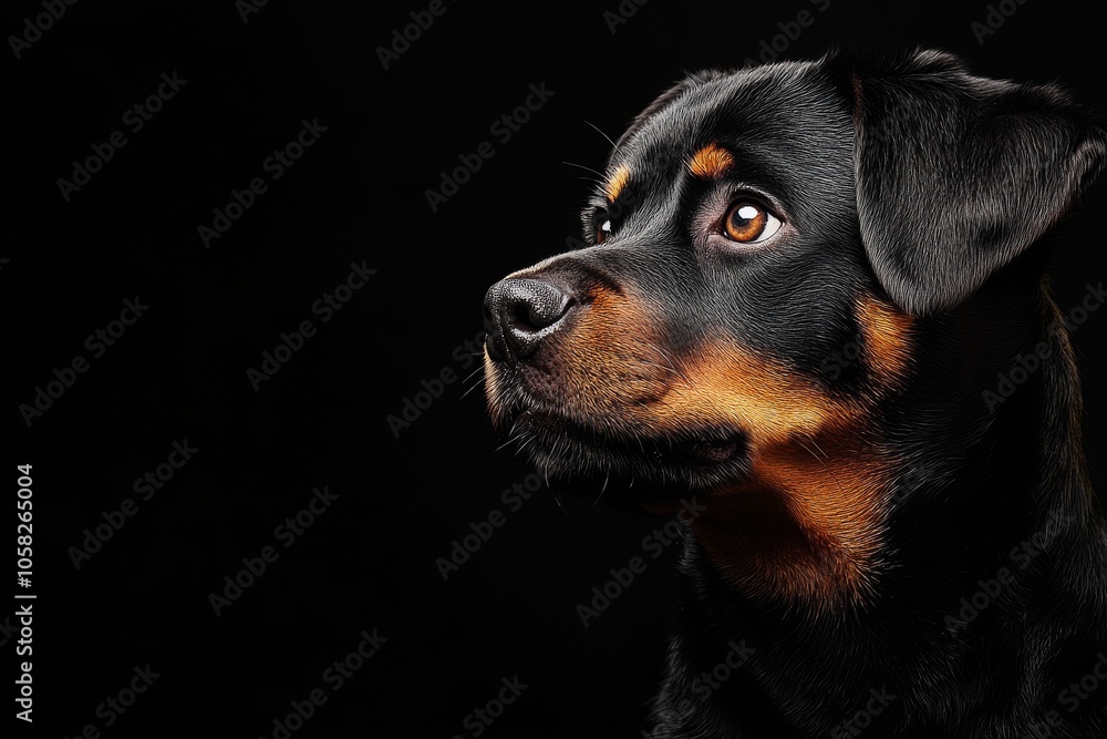 Mystic portrait of baby Rottweiler in studio, copy space on right side, Headshot, Close-up View, isolated on black background