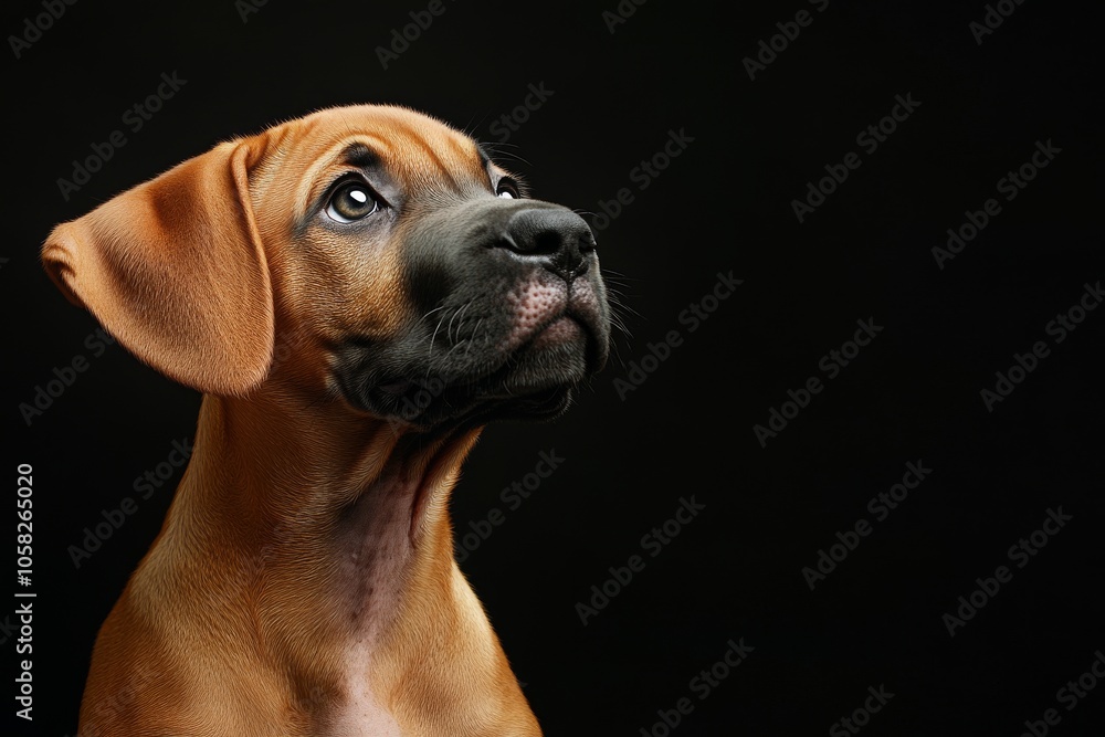 Mystic portrait of baby Great Dane in studio, copy space on right side, Headshot, Close-up View, isolated on black background Mystic portrait of baby Great Dane in studio, copy space on right side, Headshot, Close-up View, isolated on black background