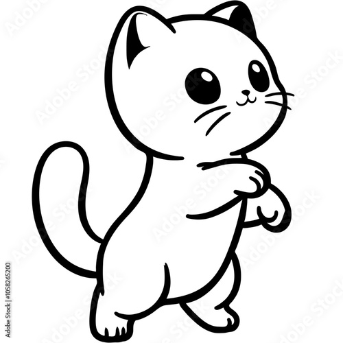 White kitten rises on hind legs and reaches for toy in monochrome. Simple minimalistic vector in black ink drawing on transparent background