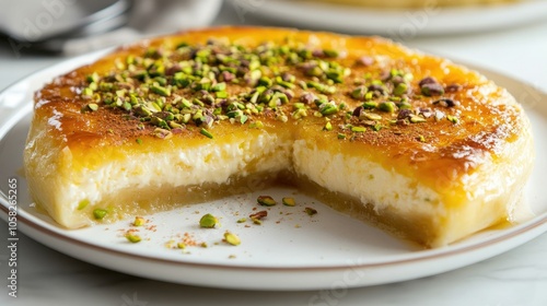 Kunefe on a white plate, with a thick layer of pistachios on top and syrup glistening in the light. The cheese pulls away as a piece is cut.