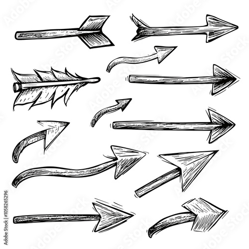 Hand-Drawn Black Curved Arrow Set in Different Directions on white and transparent background. PNG