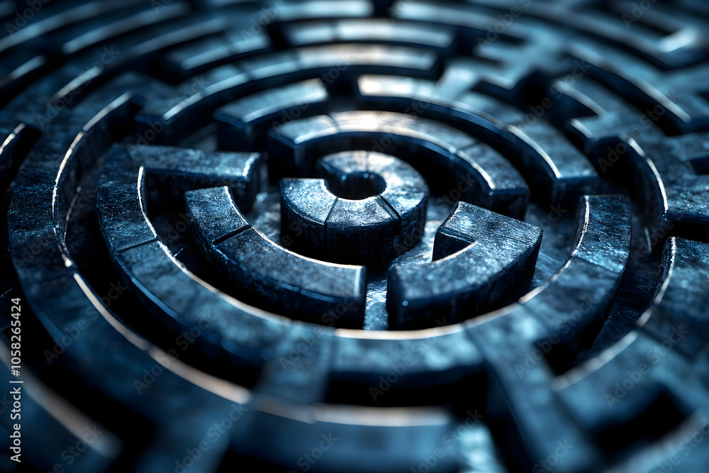 3D Circular Maze Illustration: Blue Metallic Labyrinth 3D Circular Maze Illustration: Blue Metallic Labyrinth