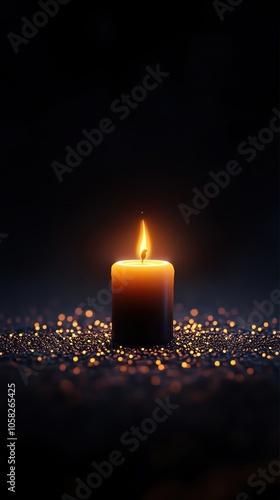 A glowing candle illuminating a dark space with warm, soft light and sparkles around it.