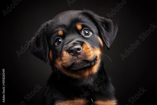 Mystic portrait of baby Rottweiler in studio, copy space on right side, Headshot, Close-up View, isolated on black background