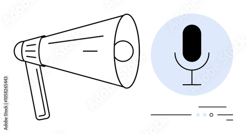 Megaphone amplifying sound next to a microphone stand symbol in light blue circle. Ideal for announcements, broadcasting, public speaking, media, marketing, communication strategies, voice recording