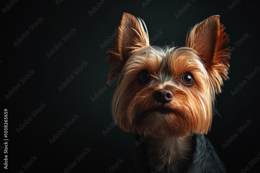 Mystic portrait of Yorkshire Terrier in studio, copy space on right side, Headshot, Close-up View, isolated on black background Mystic portrait of Yorkshire Terrier in studio, copy space on right side, Headshot, Close-up View, isolated on black background