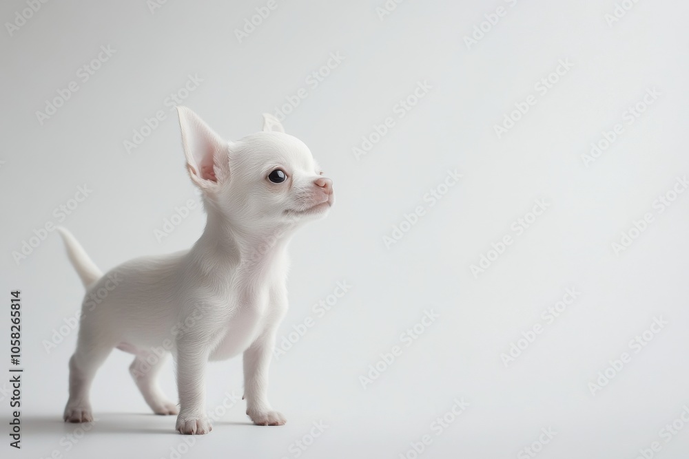the beside view baby Chihuahua standing, left side view, low angle, white copy space on right, Isolated on White Background the beside view baby Chihuahua standing, left side view, low angle, white copy space on right, Isolated on White Background