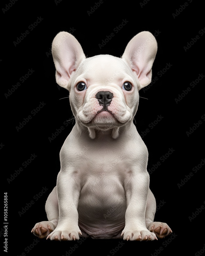 the baby French Bulldog front view, white copy space on right, Isolated on black Background the baby French Bulldog front view, white copy space on right, Isolated on black Background